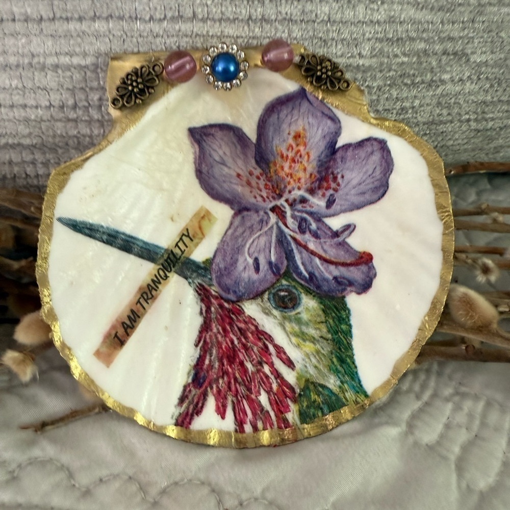 Handmade Purple Flower Hummingbird Shell Trinket Dish